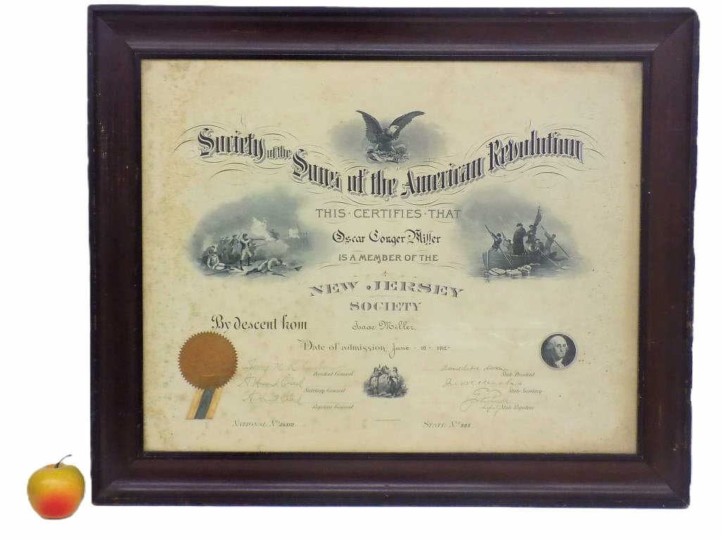 SONS OF THE AMERICAN REVOLUTION CERTIFICATE: Society of The American Revolution Historical Membership Certificate. Issued by The New Jersey Society 1912 with Official Gold Seal. Illustrated with Historic Vignettes Including The American Eagle, G
