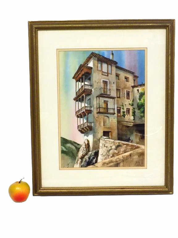 GUSTAVE WANDER - HANGING HOUSE SPAIN WATERCOLOR: Gustave Wander American 1934-2017 - Detailed Watercolor Painting of The Hanging House Located In Spain. Signed Lower Right. Artist Bio En Verso. Gold Gilt Frame Height 22" x Width 2" x Length 18" 4