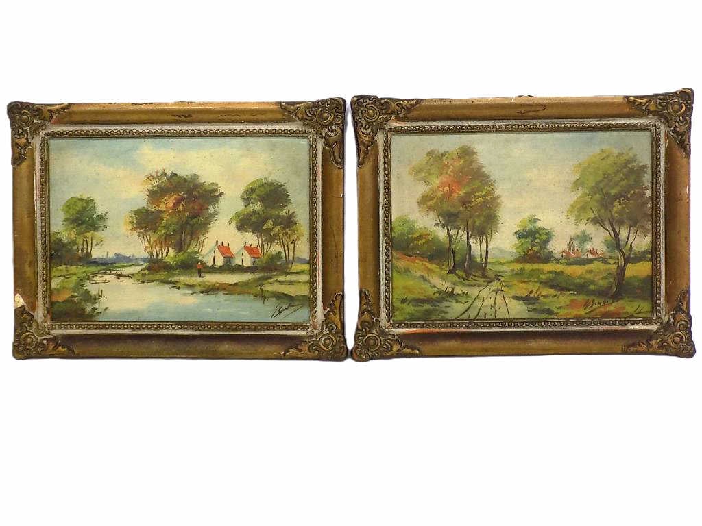 VICTORIAN FRAMED MINIATURE LANDSCAPE PAINTINGS: Pair of Antique Miniature Landscape Oil Paintings.Signed Illegibly. Gold Gilt Victorian Frames Height 7" x Width 1" x Length 9" 1 lb
