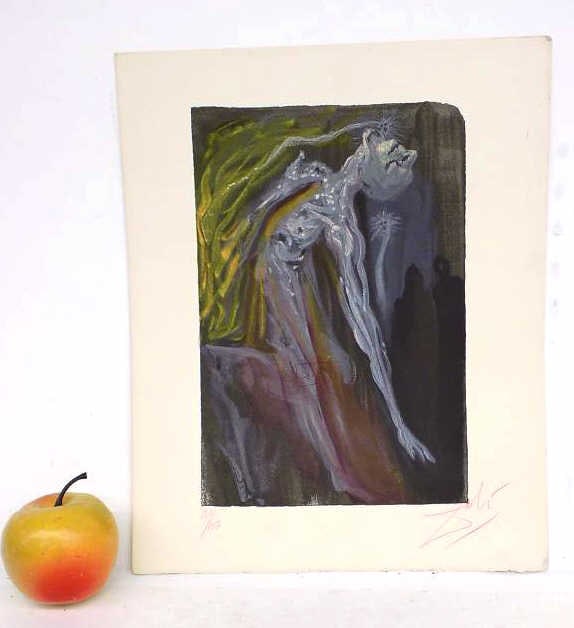 DALI - FURIES HELL CANTO 9 SIGNED WOODBLOCK PRINT: Salvadore Dali Spanish 1904-1989 - Color Woodblock Print Entitled The Furies Hell Canto 9. From The Divine Comedy Suite1960. Watermarked RIVES Paper, Hand Numbered and Pencil Signed Edition of 150.