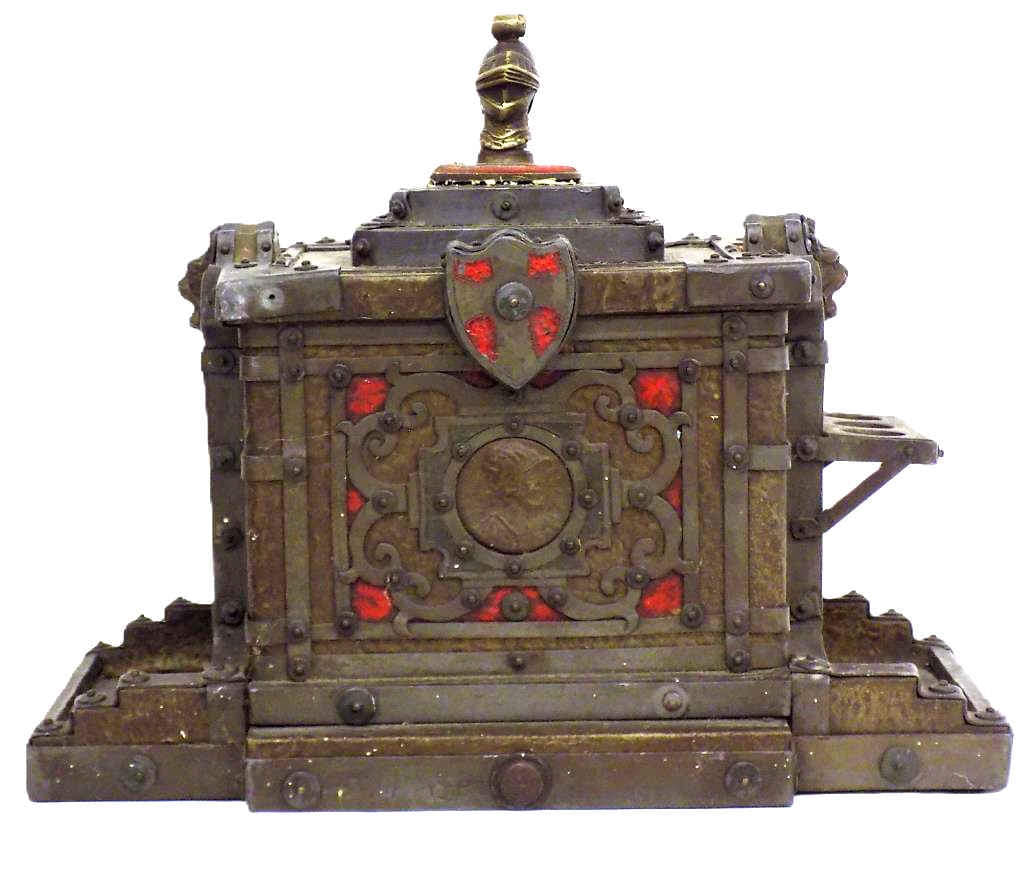 BIG RENAISSANCE REVIVAL BRONZE KNIGHT TOBACCO HUMIDOR: Great Renaissance Revival Sculptural Tobacco Humidor Pipe Holder. Elaborate Surrounding Copper Metal Work Featuring Fierce Lion Head, Knight and Cross Shield Insets with Solid Bronze Knight Head Finia