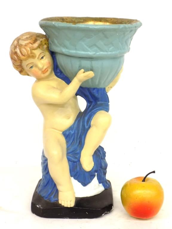 VINTAGE SEMI NUDE PUTTI WITH BASKET SCULPTURE: Vintage Semi Nude Putti with Basket Sculpture. Painted Chalkware. Height 12" x Width 6.25" x Length 8" 5 lbs