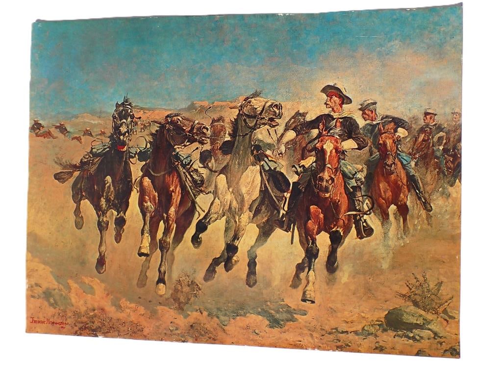 FREDERIC REMINGTON - WESTERN SOLDIER PRINT: After Frederic Remington American New York 1861-1909 - Color Print Titled Dismounted The Fourth Trooper. Depicting a Western Calvary Soldier on Horseback. Height 20" x Width 1" x Length 26" 1 lbs