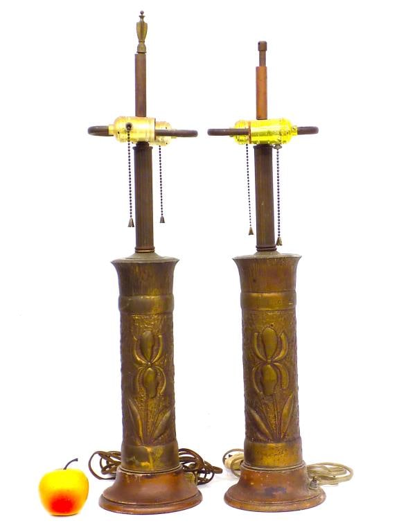 WORLD WAR I BATTLE OF CHAMPAGNE TRENCH ART LAMPS: Rare Pair of World War I Trench Art Lamps From The Battle of Champagne France 1918. Each Battle Shell with Hammered and Repousse Artwork Depicting Flowers. Each Signed. Total Height 27" x Width 6" Bas