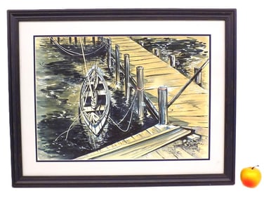 EMMETT FRITZ - BOAT AT HARBOR WATERCOLOR