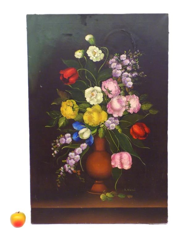 ROSSINI - FLOWER BOUQUET STILL LIFE PAINTING: R. Rosini - Vibrant Flower Bouquet Still Life Painting. Oil on Canvas. Signed Lower Right. Height 24" x Width 1" x Length 36" 3 lbs Provenance: From a Prominent New York Estate