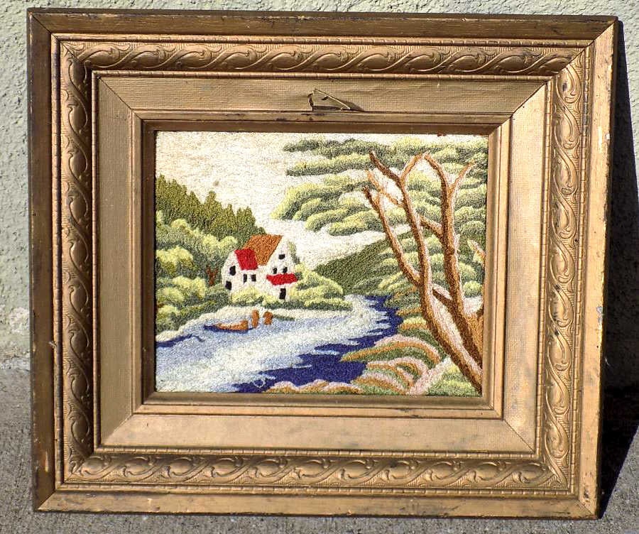 ANTIQUE FOLK ART COUNTRY LANDSCAPE STUMPWORK: 18th / 19th Century Antique Stumpwork Needlework Picture of a Country Home in a Landscape. Fancy Embossed Gilt Frame Height 14" x Width 2" x Length 16" 1 lb