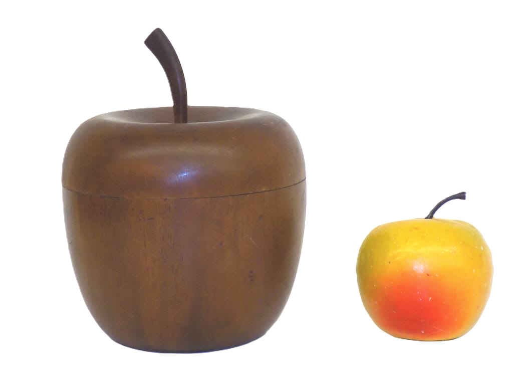 MIDCENTURY MODERN TEAK APPLE CONTAINER: Midcentury Modern Teak Container In Apple Form. Circa 1960's. Height 6.50" x Width 5" x Length 5" 1 lb