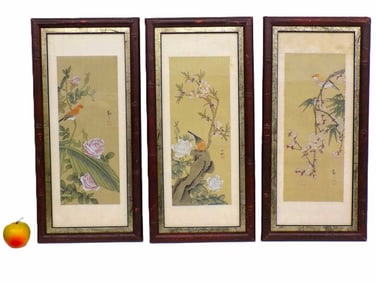 CHINESE BIRD & BLOSSOMS SILK WATERCOLOR TRIPTYCH