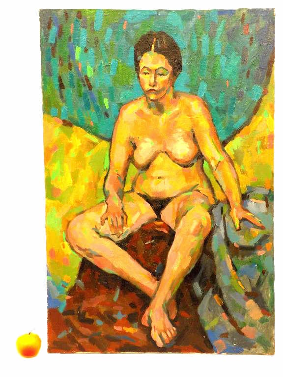 MIDCENTURY NUDE STUDY PAINTING: Big Midcentury Nude Study Painting of a Seated Lady. Oil on Canvas. Rear Signed Brad. 24" x 36"