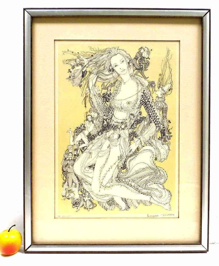 MULLER - EROTIC SURREALIST ARTIST PROOF LITHOGRAPH: Francoise Muller - American 20th Century - Erotic Surrealist Artist Proof Lithograph, Artist Numbered and Signed. 19.50" X 25.50" Midcentury Chrome and Teak Frame.