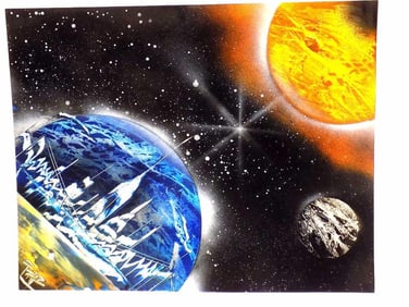 MODERN UNIVERSE PLANETS MIXED MEDIA PAINTING