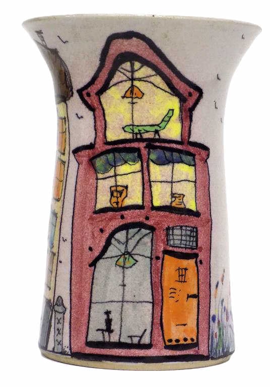 MODERN ART NEIGHBORHOOD CAT VASE SIGNED XXX: Modern Studio Art Pottery Vase. Featuring a Cat Walking The Neighborhood with Houses and Apartments. Artisan Signed CAT XXX Height 5.50"