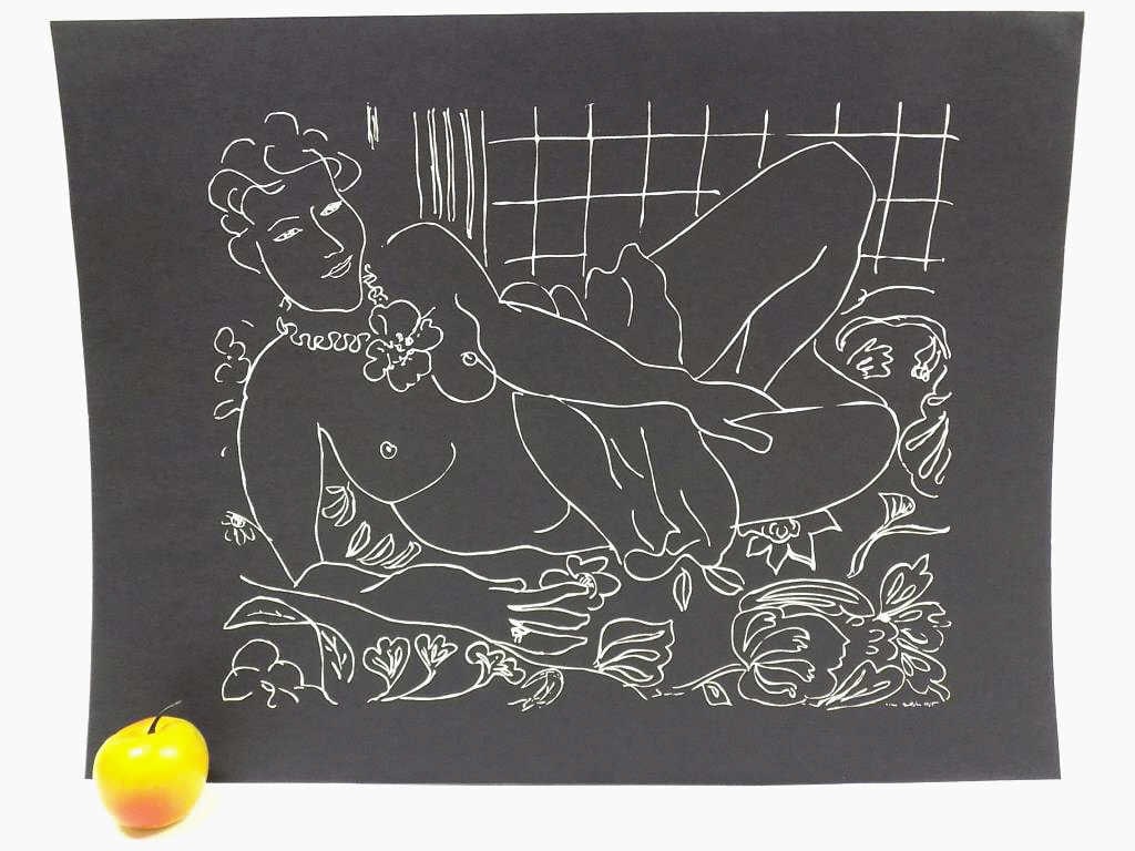 HENRI MATISSE - RECLINING NUDE FIGURE LITHOGRAPH: Henri Matisse - France 1869-1954 - Vintage Lithograph of a Reclining Nude Figure. Black Background. Signed and Dated. 20" x 26"