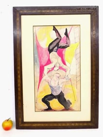 BIG MIDCENTURY CIRCUS ACROBATS WATERCOLOR SIGNED