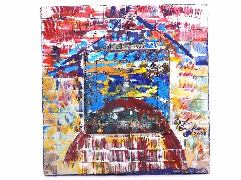 JOHN BEARDMAN - 3 DIMENSIONAL ABSTRACT PAINTING: John Beardman - American 1937-2025. Modern Abstract Expressionist Painting. .Mixed Media Acrylic on 3 Dimensional Wood Panel with Applied & Painted Tin Metal.. Dated & Signed. 12" x 12.25". John