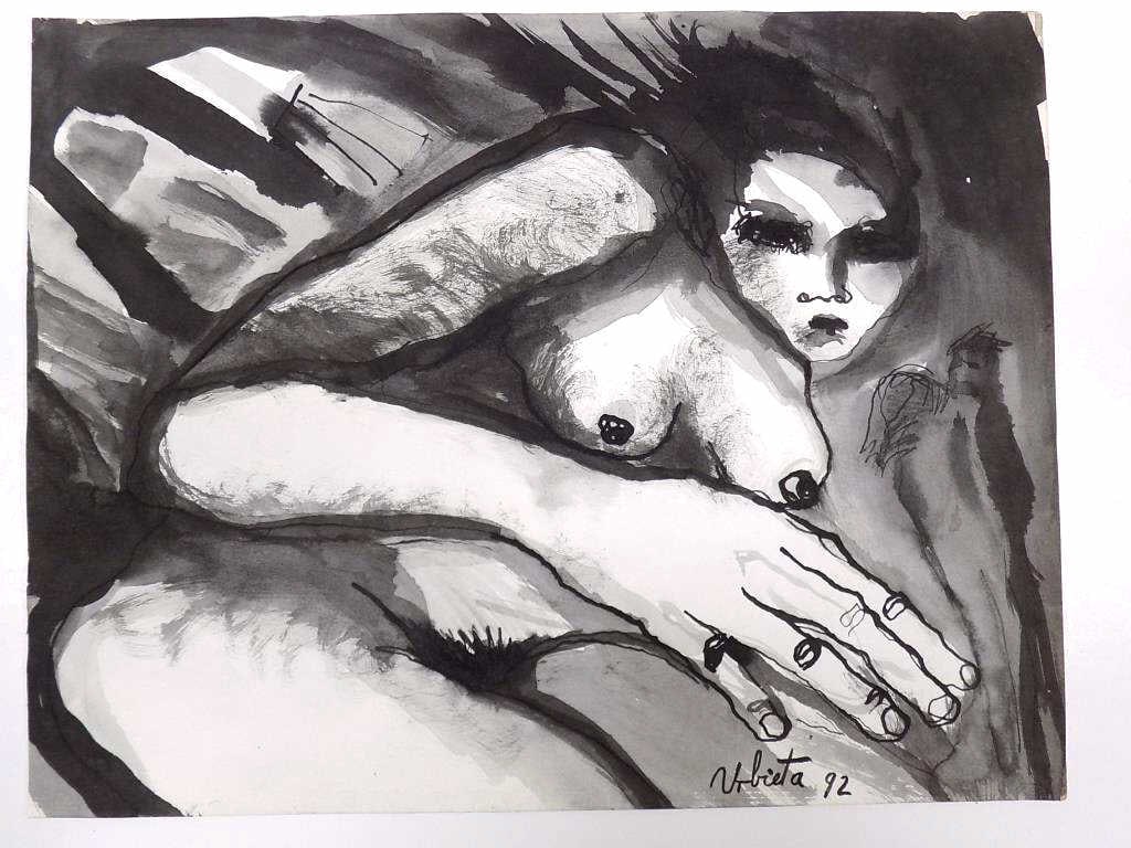 JESUS URBIETA - ABSTRACT NUDE WATERCOLOR: Jesus Urbieta - Mexico Latin American 1959-1997 - Abstract Expressionist Nude Woman Watercolor Painting on Paper. Signed and Dated Lower Right. 9" x 11.50" Provenance: Private New York Estate Collecti