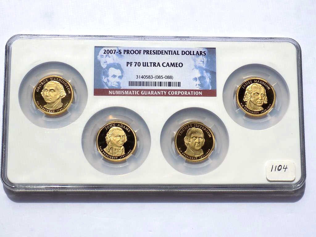 2007 S PROOF PRESIDENTIAL DOLLARS PF70 ULTRA CAMEO: United States San Francisco Mint 2007 Proof Presidential Dollars Ultra Cameo Set. Gold Layered Proof Set: George Washington, John Adams, Thomas Jefferson, James Madison NGC Sealed & Graded PF 70 Ultra