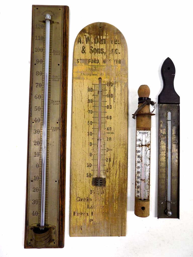 EARLY ADVERTISING THERMOMETERS LOT: Antique Advertising Thermometers Lot. Including: Prentice & Son New York Brass on Oak, Advertising Stanford New York, Broder, Palmer Brass Candy Thermometer.