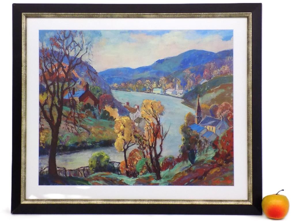 FERN COPPEDGE - ALONG DELAWARE RIVER PRINT: Fern Isabel Coppedge American 1883-1951 - Impressionist Color Print Titled Along The Delaware River At New Hope. Signed in Plate. 21.25" x 25.25" Framed Measurement.