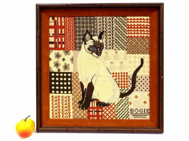 FOLK ART CAT NEEDLEPOINT PICTURE