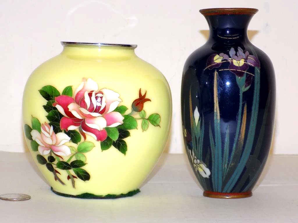 JAPANESE FLORAL BLOSSOMS & IRIS ENAMEL VASES: Antique Japanese Floral Decorated Enamel Cabinet Vases. Including Cherry Blossoms with Yellow Ground and Iris Flowers with Blue Ground. Silver & Bronze Mounts. Heights 5" & 6" Yellow in Excellent cond