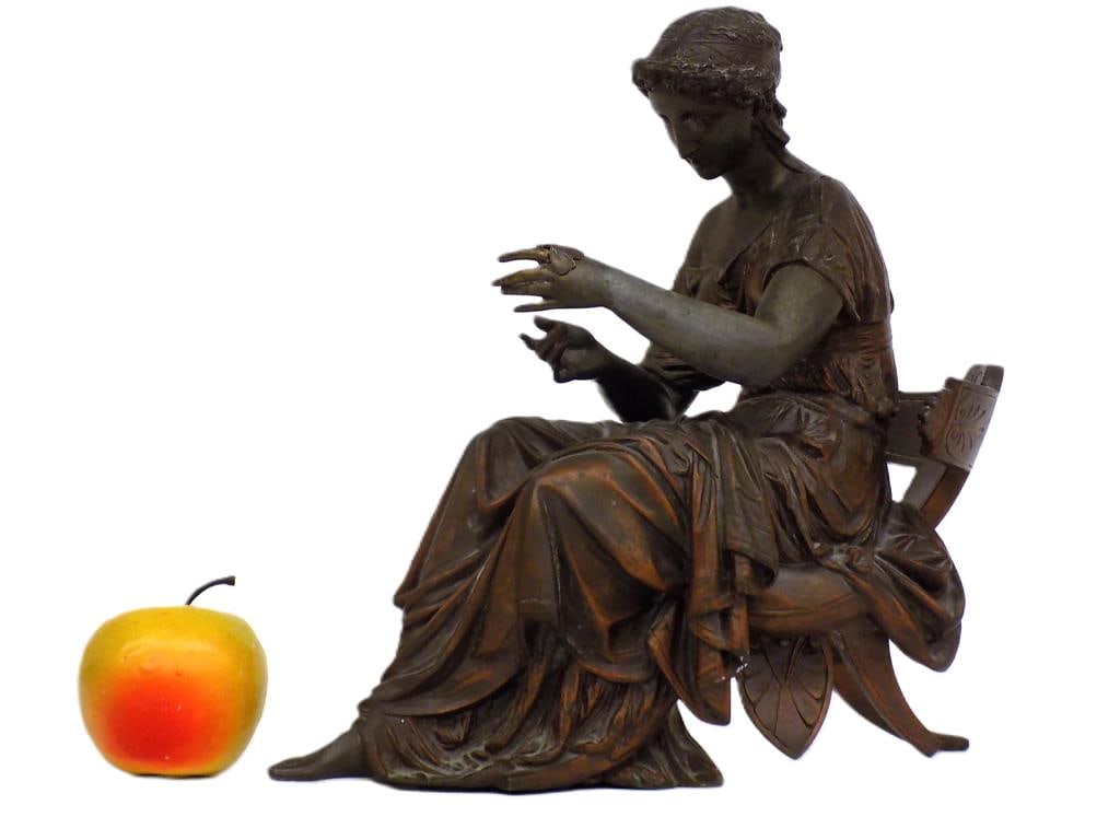 JEAN LOUIS GREGOIRE VICTORIAN MAIDEN SCULPTURE: Attributed Jean Louis Gregoire Big 19th Century Victorian Maiden with Butterfly Bronzed Metal Sculpture. Elaborate Aesthetic Detail. Length 13.50" x Width 5" x Height 12" Minor loss recamier leg.