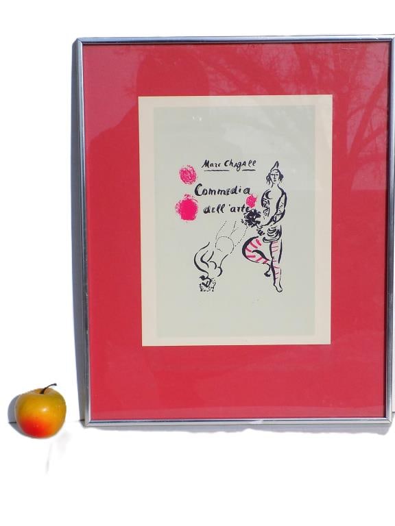 MARC CHAGALL - COMMEDIA DELL'ARTE REAL LITHOGRAPH: Marc Chagall - American New York, France 1887-1985 - Real Quality Color Lithograph Print Entitled Commedia Dell'arte. (Not an offset) Depicting Figures. Midcentury Chrome Frame Measures 16.25" x 20.25