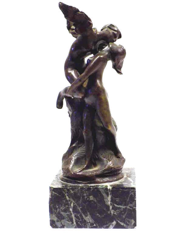 MIGUEL ANGEL GONZALEZ - ANGEL KISS BRONZE STATUE: Miguel Angel Gonzalez Latin American b1953 - Bronze Sculpture Statue of an Angel Kissing a Nude Lady. Signed and Dated (1971) Green Marble Base. Total Height 12". Dark Patina.