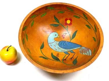 PRIMITIVE FOLK ART BIRD PAINTED WOODEN BOWL