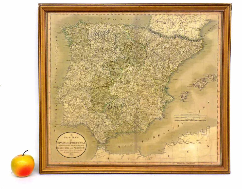 RARE JOHN CARY 1801 MAP OF SPAIN AND PORTUGAL: Rare Antique John Cary Engraved 1801 A New Map of Spain and Portugal. Divided Into Their Respective Kingdoms and Provinces. From The Latest Authorities. Arts and Crafts Gilt Frame Measures 19.50" x