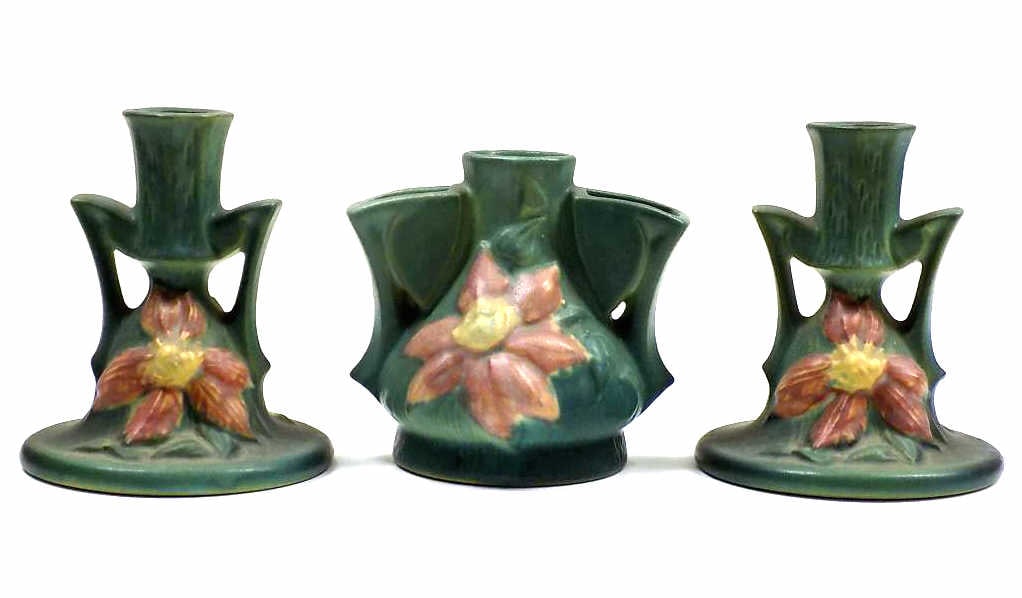 ROSEVILLE TEAL CLEMATIS CANDLESTICKS FLOWER FROG: 1944 Roseville Green / Teal Clematis Pottery Set. Including Pair of Candleholders with Elusive 3 Section Flower Frog. 1159-1110 & Shape No. 50. Signed and Numbered Bases. Potter's Initial.