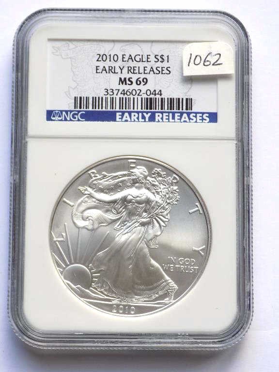 US MINT 2010 EARLY RELEASE SILVER EAGLE NGC MS 69: United States Mint 2010 Early Release Silver Eagle $1 Dollar Coin. Walking Liberty Obverse, Heraldic Eagle Reverse. 1 Oz Fine Silver. NGC Sealed & Graded MS 69