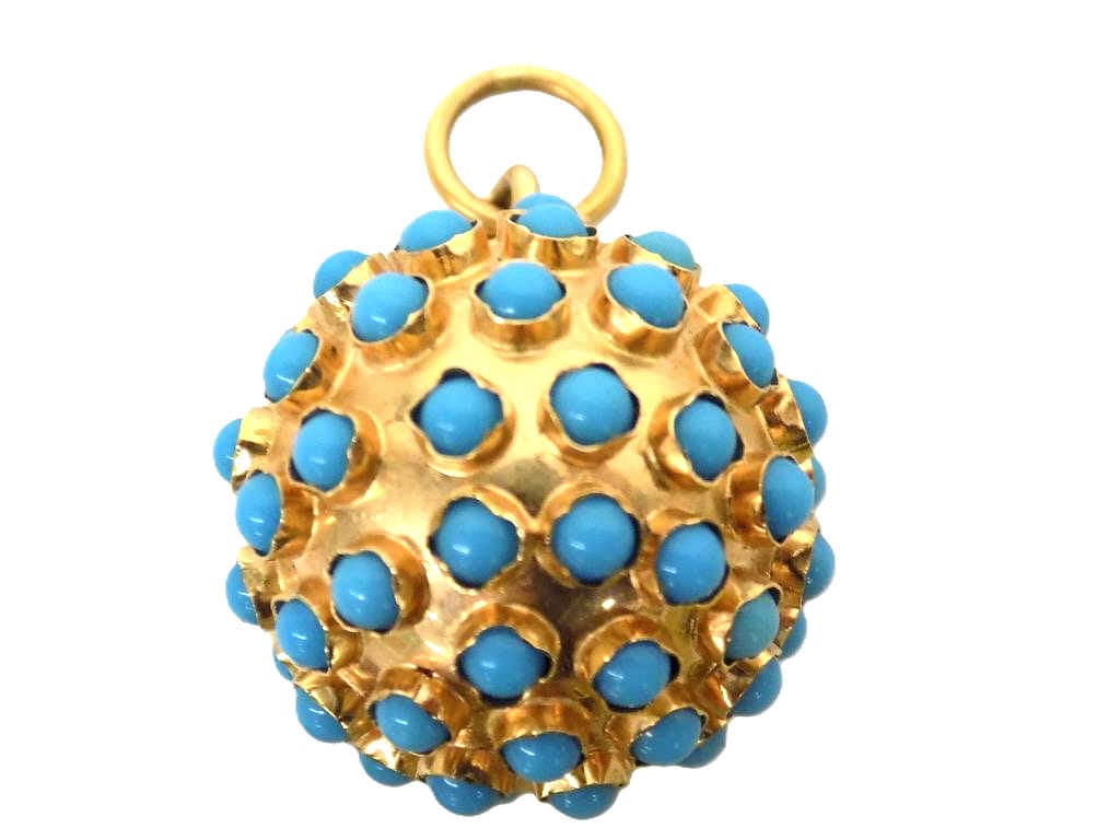 PORTUGUESE 19 KARAT TURQUOISE SPHERE PENDANT 8 GRAMS: Gorgeous 19.2 Karat Yellow Gold and Turquoise Sphere / Orb Pendant. Marked. 8 grams tw