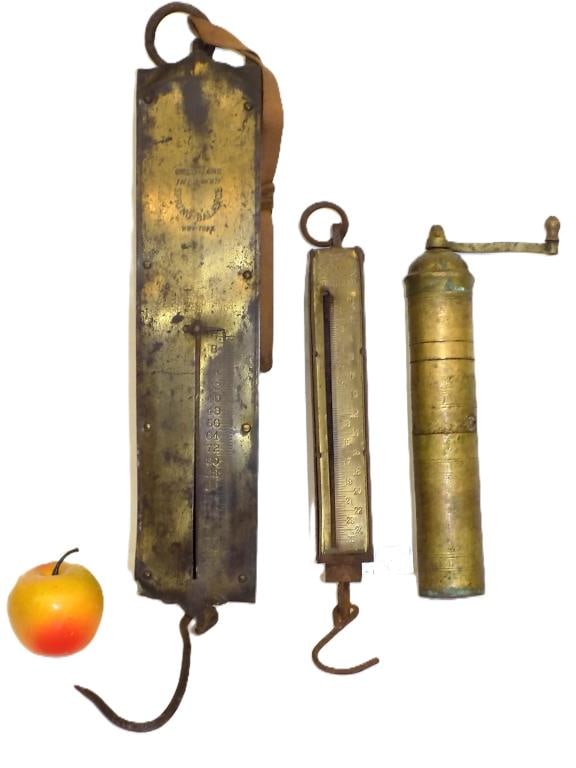19TH CENTURY BRASS SCALES & PEPPER MILL: 19th Century Chatillons New York Improved Brass & Steel Hanging Spring Balance Scales Large & Small. Along with Atlas Pepper Mill Made in Greece. Largest item Approximately 17" x 3" x 3.50" 7 lbs