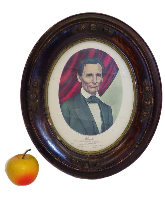 VICTORIAN FRAME ABRAHAM LINCOLN CURRIER IVES PRINT: 19th Century Victorian Oval Grain Painted Frame. Containing Currier & Ives President Abraham Lincoln Print. 14" x 1" x 12" 2 lbs