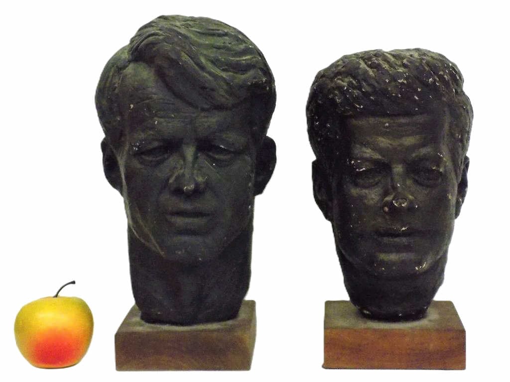 JOHN F. KENNEDY ROBERT KENNEDY BRONZED HEADS: Vintage 1960's Bronzed Plaster Head Sculptures of President John F. Kennedy and His Brother Robert Kennedy. Each on Teak Wood Bases Measurements 10.50" x 6.50" x 6" and 11.50" x 7" x 6"10 lbs Total. A