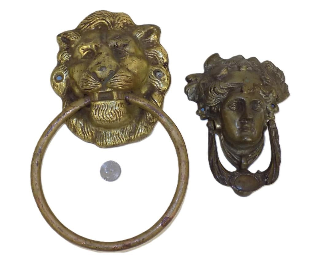 LION HEAD & NEOCLASSICAL DIONYSUS BRONZE KNOCKERS: Big Lion Head and Neoclassical Goddess Dionysus with Ivy Bronze Door Knockers. Lion Height 10.50" Including Ring x 2" x 7". Goddess 7" x 2" x 5" 3 lbs