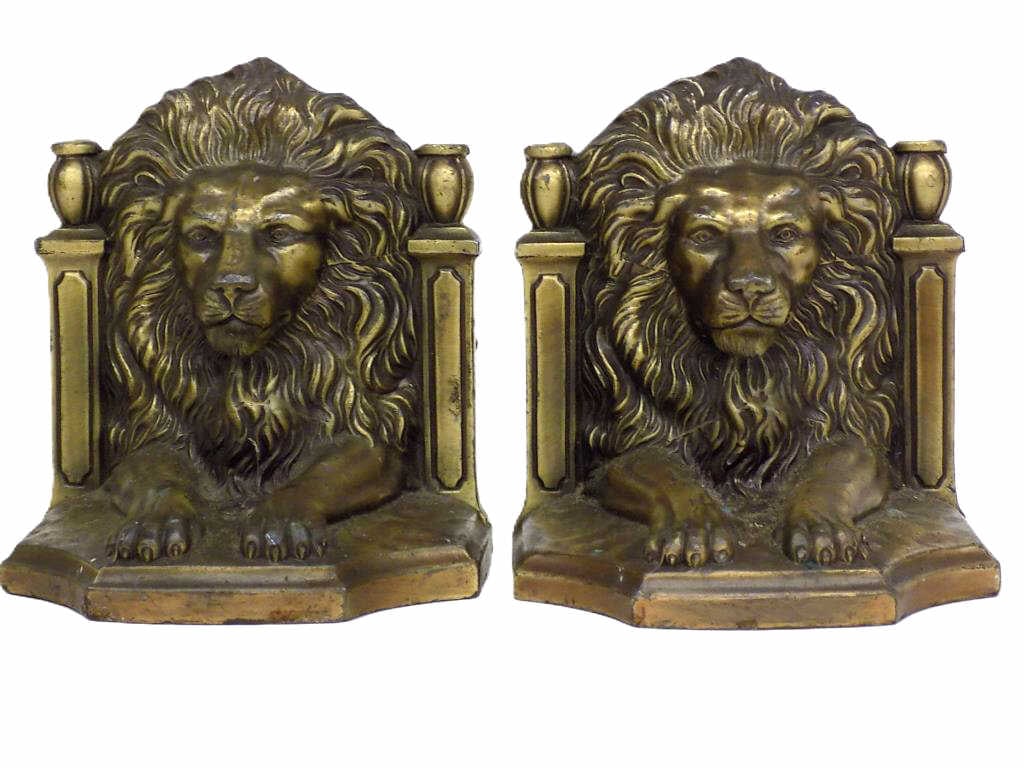 REGAL GILT BRONZED LION BOOKENDS: Vintage Pair of PM Craftsman Regal Lion Gilt Bronzed Metal Bookends. Signed and Numbered Rear. Approximately 4.50" x 3" x 4.25" 5 mlbs