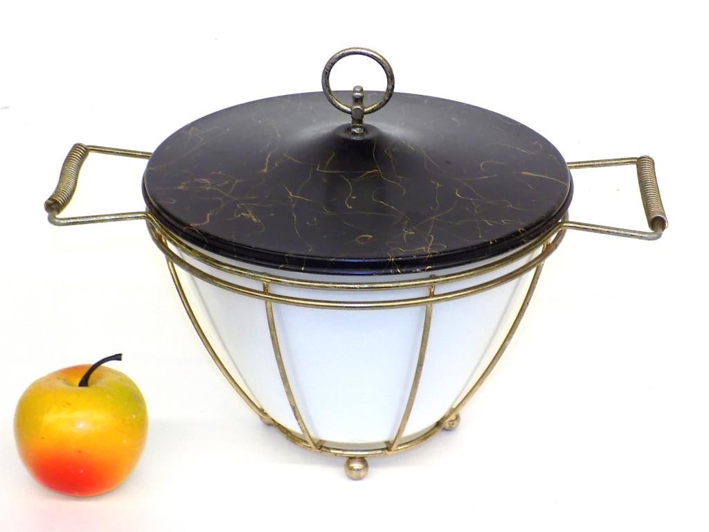 MIDCENTURY MODERNIST FIRE KING SERVING BUCKET: Midcentury Modernist Fire King Glass Serving Bucket. Metal Holder with Gold Splattered Lid. Base Mark. Height 10" x 9" x 9" 3 lbs