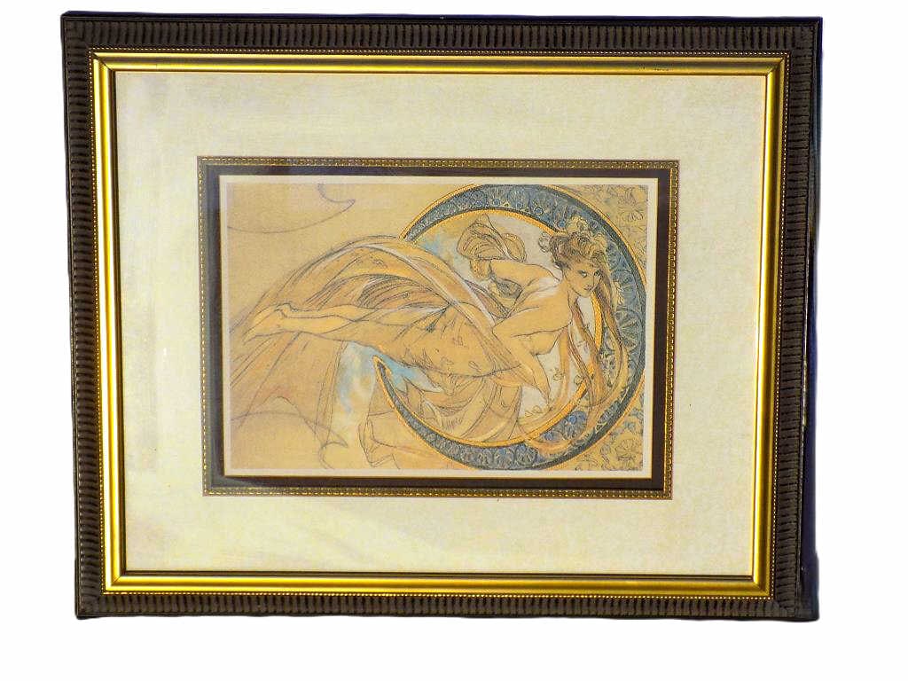 ALPHONSE MUCHA - NUDE GODDESS PRINT: Alphonse Mucha Czech 1860-1939 - Art Nouveau Style Nude Goddess Offset Lithograph Color Print. Four Arts Dance Series. Fancy Gold Gilt and Ribbed Frame Measures 19" x 2" x 23" 5 lbs