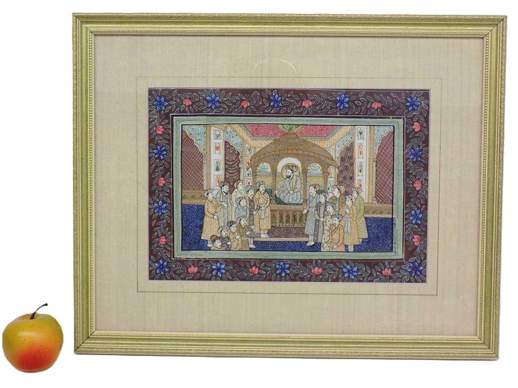 MUGHAL INDIAN ROYAL COURT PAINTING: Antique Mughal Indian Royal Court Painting. Oil on cloth. Exceptional Detail Depicting Emperor Surrounded By Servants. Gold Gilt Frame Measures 6" x 2" x 20" 3 lbs From The Estate of a Late World Trav