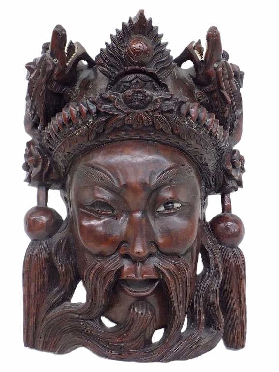 CHINESE EMPEROR LIFE SIZE CARVED WOOD MASK: Antique Chinese Emperor Life Size Carved Wood Mask Folk Art Carving. Emperor Wearing Dragon Headdress with Inset Glass Eyes and Bone Teeth. Museum Quality Art Sculpture. Height 15" x 5.50" x 10.50" He