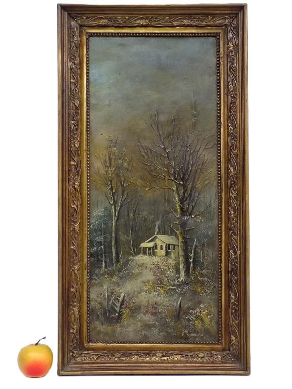 P. ROBINSON - WINTER WOODLANDS CABIN PAINTING: P. Robinson - American 19th Century Winter Woodlands Cabin Painting. Oil on Canvas. Signed Lower Right. Elaborate Gold Gilt Foilage Border Frame Measures 14.50" x 2" x 28" 4 lbs From a Prominent New Y