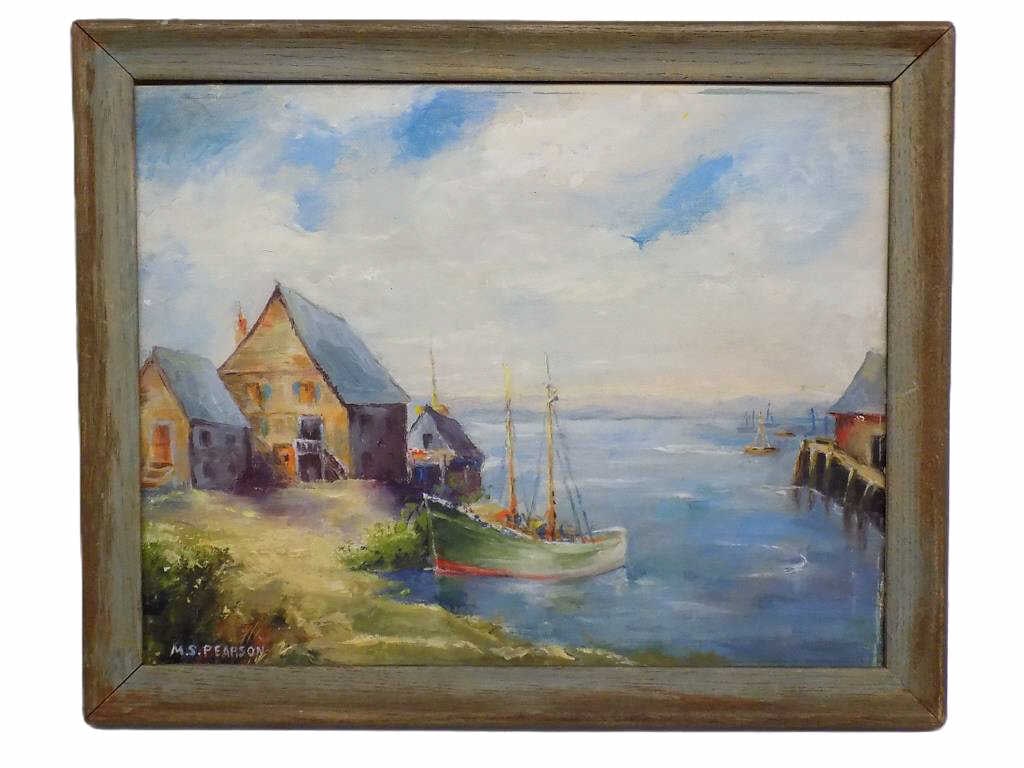 MARGUERITE STUBER PEARSON ROCKPORT MA PAINTING: Marguerite Stuber Pearson - American Massachusetts 1898-1978 - Masterful Seascape Painting. Depicting The Famous Rockport Massachusetts Fishing Shack Known as Motif #1. Fishing Boats at Sea and Harbor