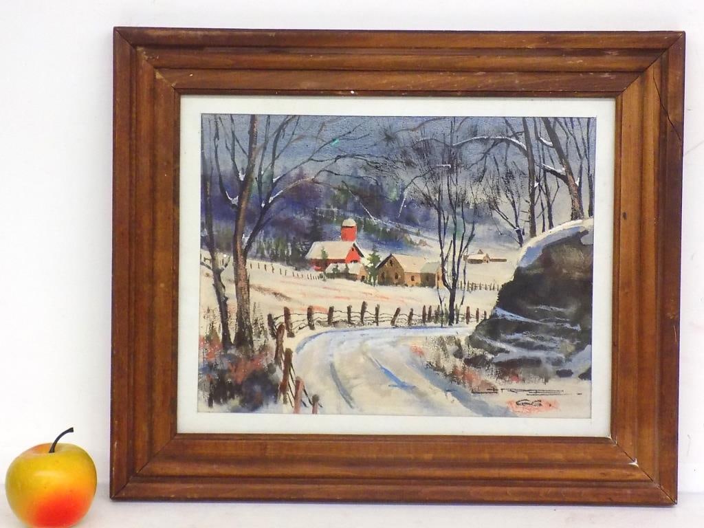 WINTER FARM LANDSCAPE WATERCOLOR SIGNED ILLEGIBLY: American 20th Century - Winter Farm Landscape Watercolor Gouache on Paper. Signed Illegibly Dated 66 ' Lower Right. Country Pine Frame Measures 14.50" x 1" x 17" 3 lbs From a Prominent Hudson Valley N