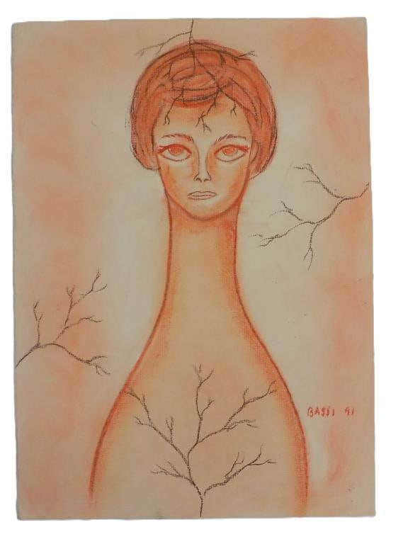 SOPHIA BASSI - SURREALIST FIGURE DRAWING: Sophia Bassi Mexican Latin American 1913-1997 - Surrealist Figure Drawing. Red Chalk on Paper. Artist Signed and Dated Lower Right. Ingres Fabriano Water Mark 10" x 14" Provenance: Prominent New York