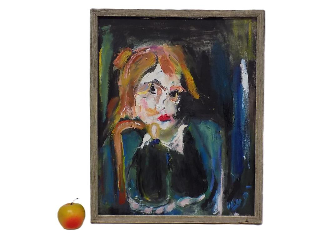 VAN GEMMEL - EXPRESSIONIST LADY PAINTING: Van Gemmel - American New York 20th Century - Abstract Expressionist Lady Painting. Acrylic on Canvas. Signed Lower Right. Framed 17" x 2" x 21" 2 lbs Provenance: Obtained Directly From The Artist