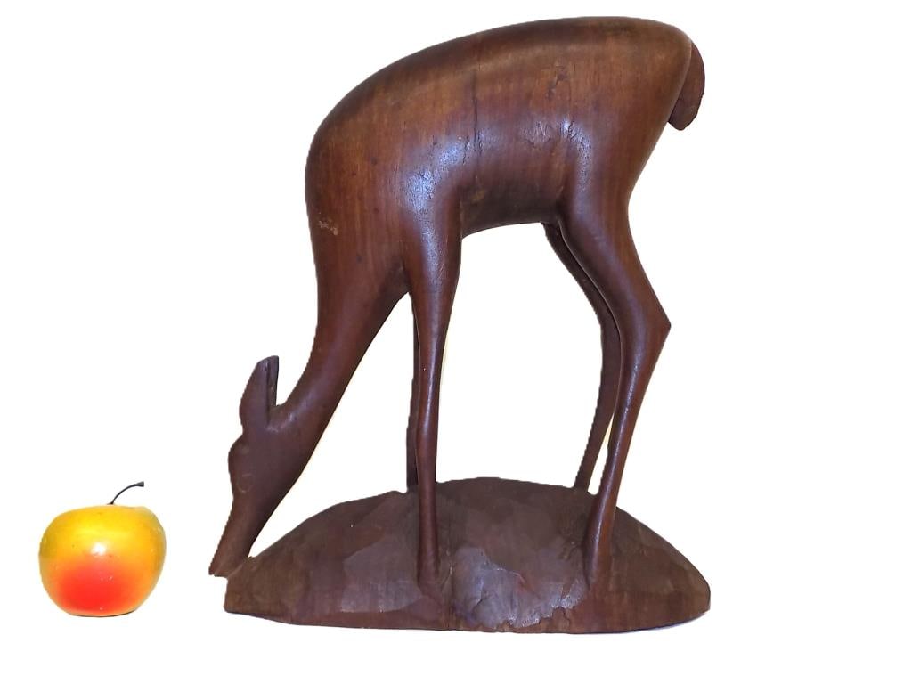 AUSPICIOUS DEER WOODEN FOLK ART CARVING: Antique African Folk Art Carving of an Auspicious Deer. Dense Mubanga Wood. Height 14" x Width 3" x Length 12" 5 lbs Great Patina