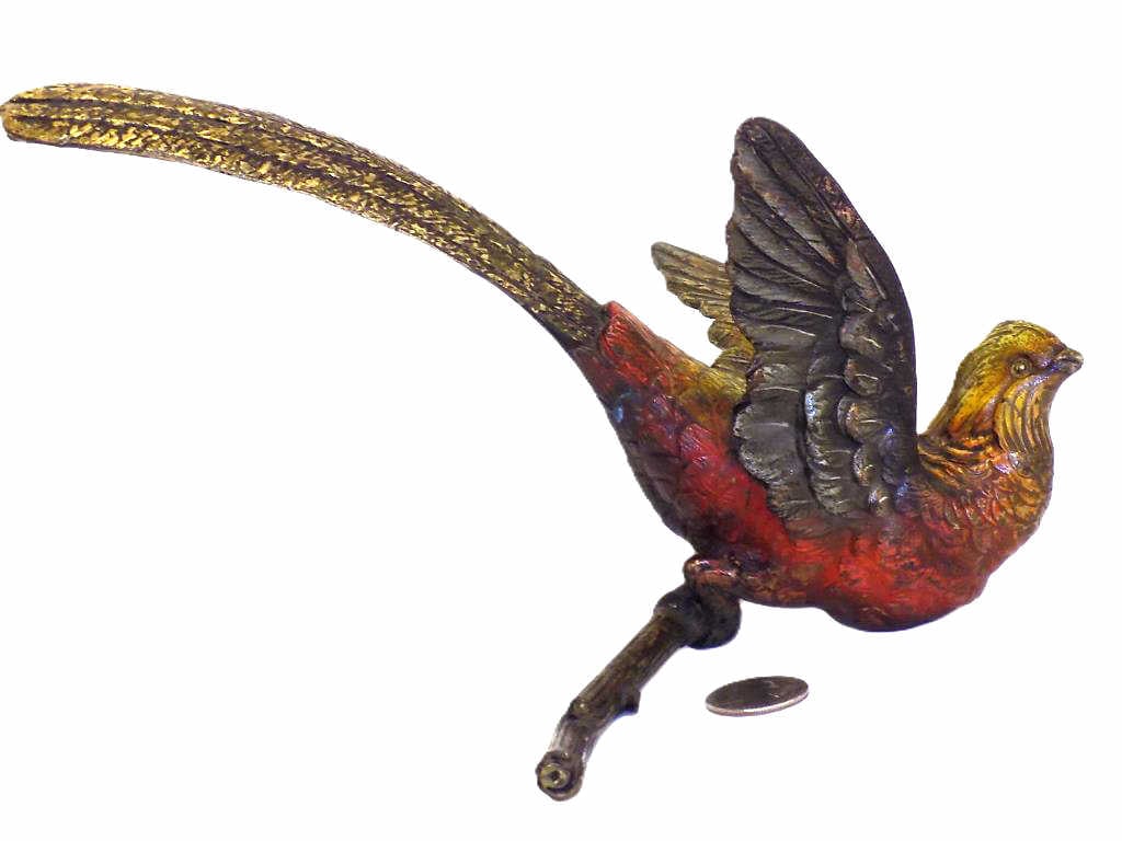 AUSTRIAN BRONZE ANAMALIER PHEASANT SCULPTURE: 19th Century Austrian Bronze Anamalier Pheasant Sculpture. Great Detailed Casting Top to Bottom. Cold Painted and Parcel Gilt. Bergman Quality. Height 5" x Branch Width 8.50" x Length 10" 2 lbs